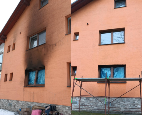 Čištění zakouřené stěny s Isokor Facade Plus - Ohořelá budova před a po čištění s Facade Plus